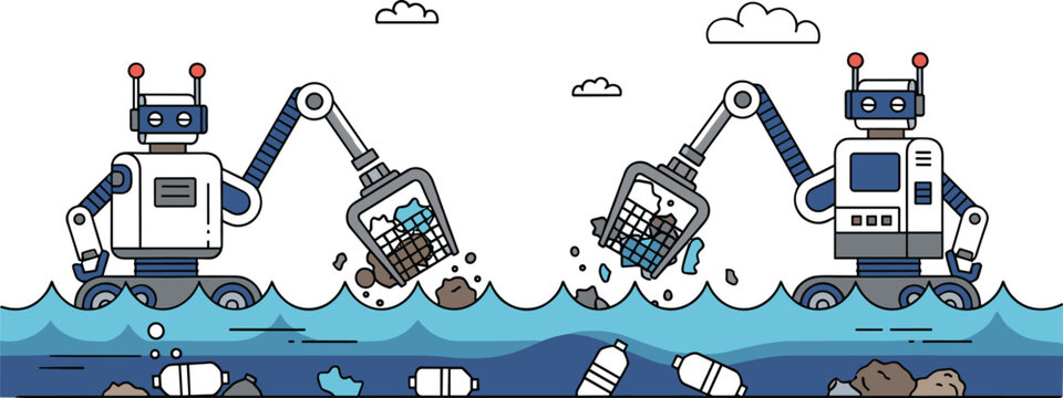 Robots cleaning ocean pollution and collecting plastic waste environmental technology vector illustration