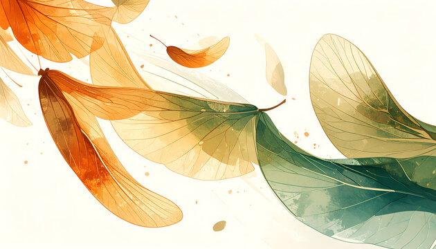 Dynamic graphic illustration of maple seeds falling through the air with stylized wing shapes and soft generative AI