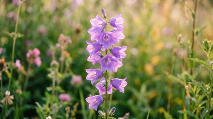 Fototapeta premium Purple bell shaped flowers glisten with morning dew in a sunlit meadow