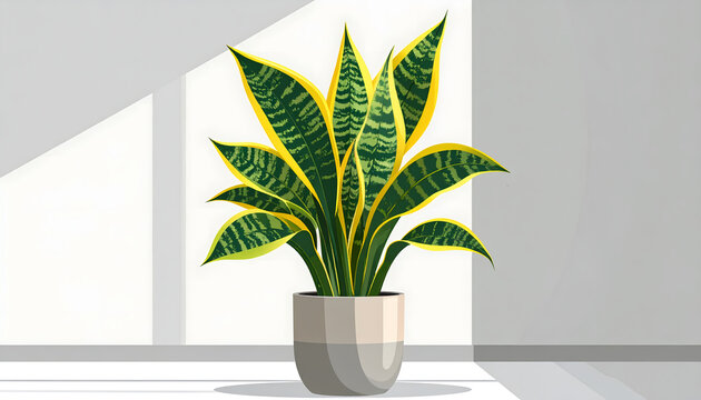 Graphic illustration of a snake plant Sansevieria in a minimalist concrete pot with vertical architectural variegated leaves and yellow generative AI