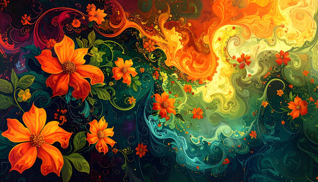 Stylized graphic illustration of intertwined climbing vines and flowers with psychedelic melting shapes and vibrant clashing neon colors generative AI