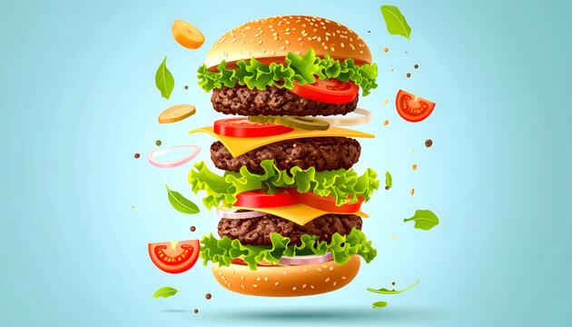 Deconstructed graphic illustration of a burger with floating layers of buns patties lettuce and tomatoes on light blue generative AI
