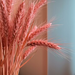 Fototapeta premium Pink wheat ears cluster arranged diagonally against a warm amber and blue gradient background for agricultural marketing, seasonal harvest festivals and organic branding