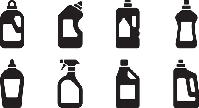 Cleaning product bottle icon collection featuring liquid detergent bleach spray and plastic container vector design.