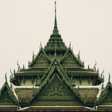 Ornate green buddhist temple roof with intricate carvings and tiered spire for asian travel editorial, cultural heritage campaign and religious architectural styling