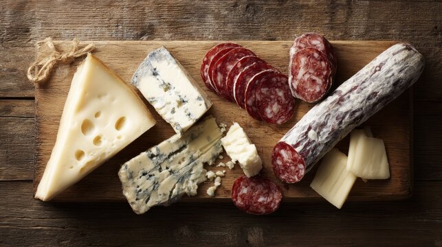 gorgonzola. Gourmet cheese and charcuterie board on rustic wood, top-down culinary arrangement. menu design, packaging mockups, designed for culinary blogs and recipe cards for restaurants.
