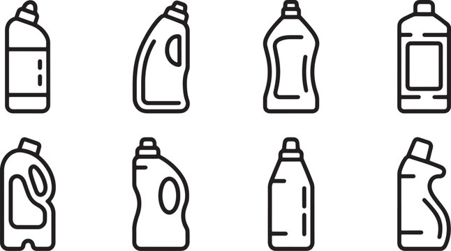 Thin line detergent bottle outline set including laundry soap liquid bleach and household cleaner vector design icons.