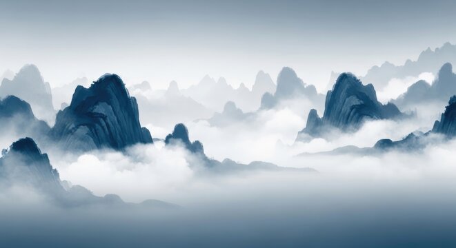 Serene mountainscape in blue tones a misty and atmospheric landscape painting