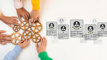 Obraz premium Collaborative Teamwork for Success with Gears and Digital Profiles Representing Skills and Achievements in Modern Business Environment Gluon.