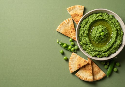 Large plain green surface with copy space provides backgroup for a bowl of fresh pea dip and pita chips for a healthy lifestyle cookbook, menu design and food blog