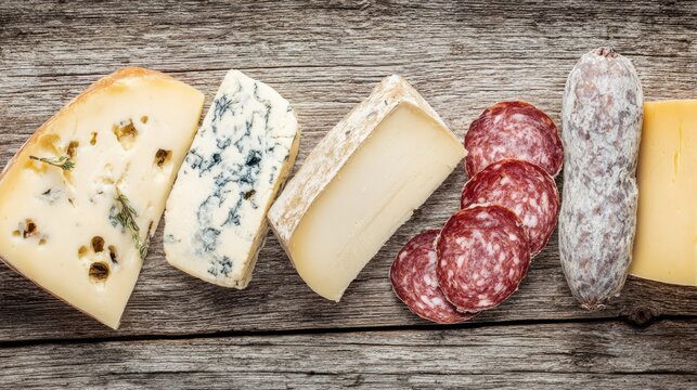 gorgonzola. Gourmet cheese and charcuterie board on rustic wood, top-down culinary arrangement. menu design, packaging mockups, designed for culinary blogs and recipe cards for restaurants.
