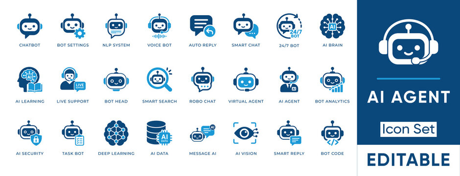 AI Agent and Machine Learning solid icon set. Includes symbols for Chatbot, Deep Learning, Voice Bot, AI Vision, and NLP System. Solid vector icons for artificial intelligence and virtual assistance.