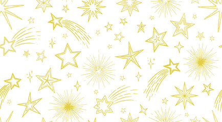 Golden stars sparkle burst vector pattern shooting star decorative glitter celestial background festive outline starburst elements seamless style collection © Munna graphics