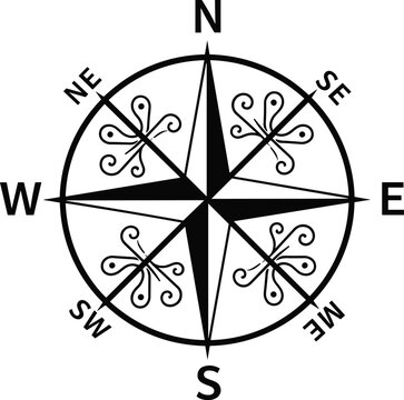 Compass rose icon design, navigation symbol illustration, cardinal direction vector, ornate map orientation graphic, geographic travel art style