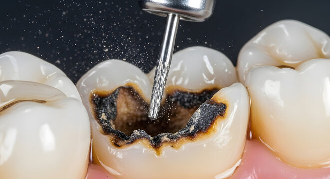 Dental Caries Removal Procedure  Dentist Drilling Decayed Tooth Close-Up