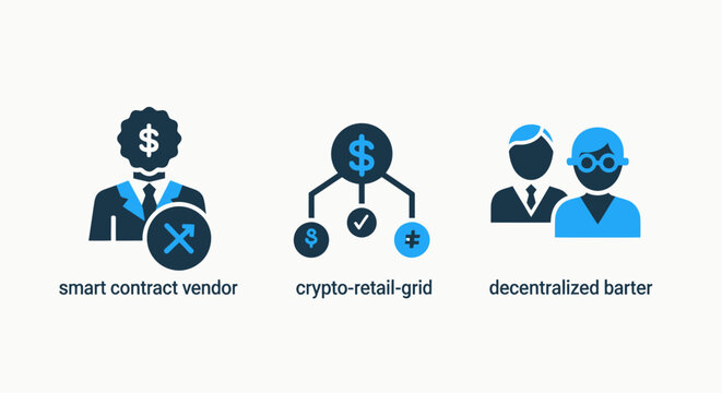 Icons representing smart contract vendors crypto retail grid decentralized barter with peer to peer cryptocurrency blockchain decentralized technology exchange transaction business investment