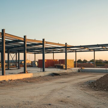 Steel beam structural frame of a building construction site at sunset for industrial development updates, real estate progress reports and civil engineering promotion