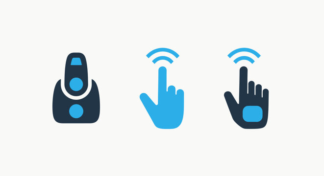 Icons of touch interaction and device hand pointing and touching with wifi signal control panel dark blue wireless technology interaction connection communication interface internet