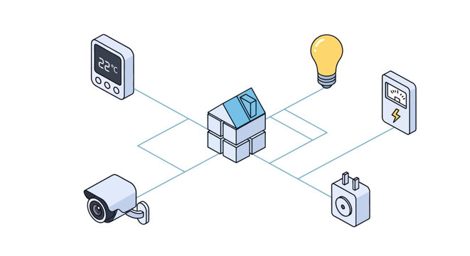 Smart Home Automation System Isometric Illustration showing IoT devices like Security Camera, Thermostat, and Lighting Control for Energy Efficiency and Safety