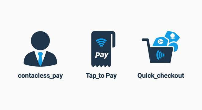 Seamless payment options: contactless tap to pay quick checkout icons e commerce mobile payment point of sale payment terminal payment system money transfer payment method cash register
