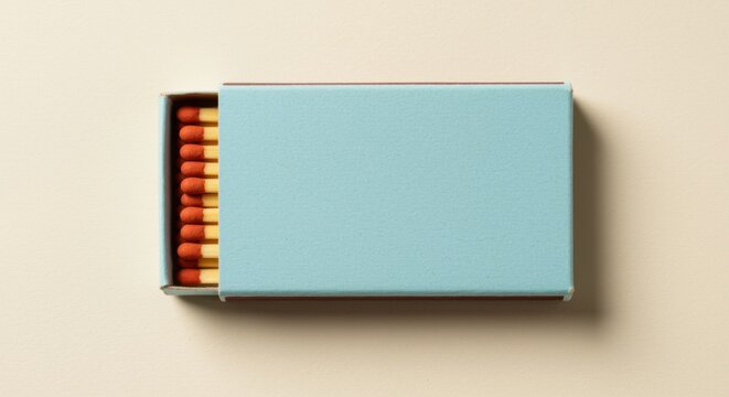 Blue cardboard matchbox with orange match heads peeking out from the side on an ivory background for vintage packaging design, retro brand identity and product mockup