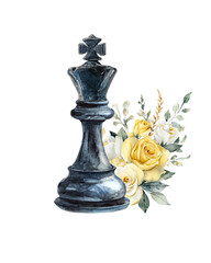 Fototapeta premium Watercolor illustration of the black King chess piece with yellow roses and greenery. Floral chess King 