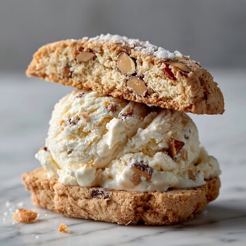 Amaretto di saronno ice cream scoop between almond biscotti
