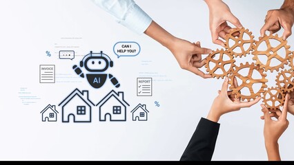 Obraz premium Collaborative Hands Engaging with Concept of Artificial Intelligence and Gears for Home and Business Solutions in Modern Technology Landscape Gluon.