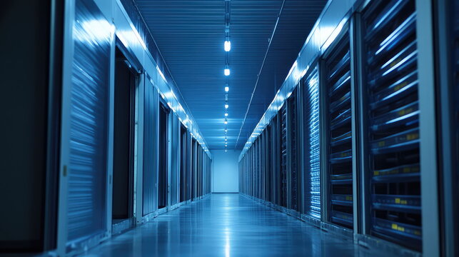 Server room aisle with rows of data storage racks