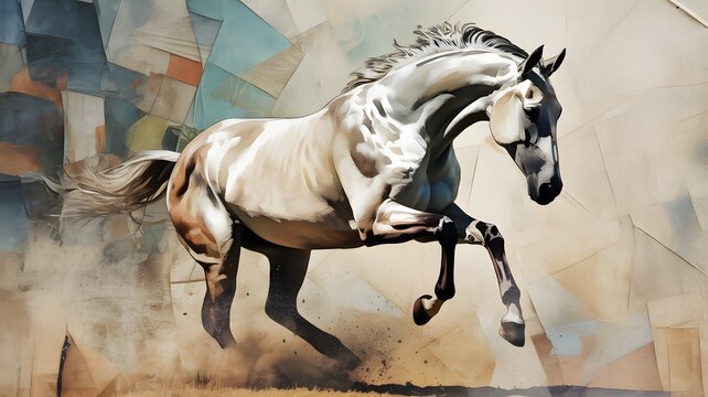Graceful grey horse galloping on dirt track
