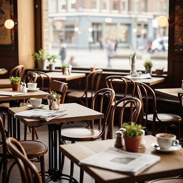 Cozy cafe interior with wooden tables, chairs, and city view