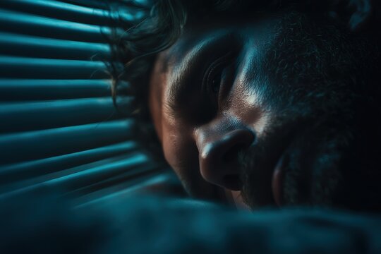 A close-up of a man's face lying down with dramatic lighting, highlighting emotions and facial textures in a dark, moody setting.