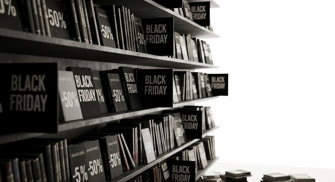 Black Friday Sale Signs Displayed on Shelves in a Store.
