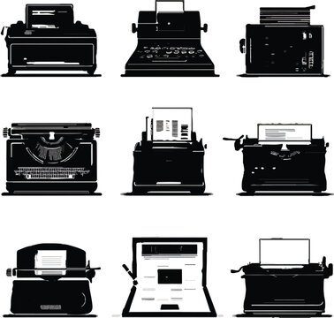 Collection of vintage and modern typewriters and writing tools displayed in a creative graphic illustration montage.