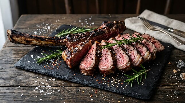 A mouthwatering close up of perfectly sliced tomahawk steak on a black slate, garnished with fresh rosemary and served with grilled bread, ideal for food blogs, restaurant menus, and gourmet marketing