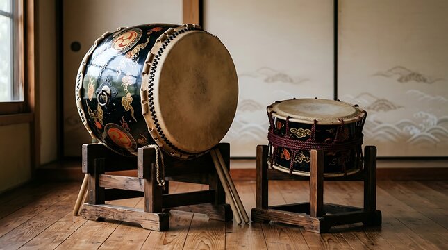 Authentic taiko drums set against a serene backdrop, ideal for cultural, educational, or artistic projects requiring traditional Japanese aesthetics and minimalist design elements.