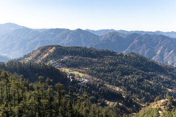 Obraz premium panoramic view of misty mountain valley with dense pine forest landscape