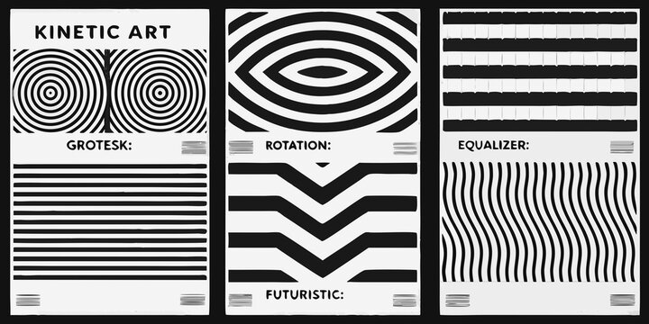 monochrome kinetic art patterns with grotesk rotation and equalizer designs