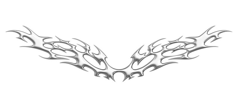 Chrome neo tribal tattoo. Succubus womb sigils and sharp cyber sigilism elements in liquid silver Y2K style