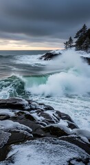 Obraz premium Crashing ocean waves meet icy, rocky shore under dramatic, cloudy sky