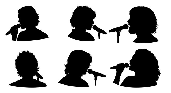 Silhouettes of Male and Female Singers with Microphones Set