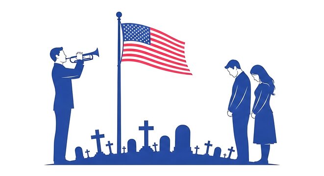 Military funeral tribute with bugler playing taps at veterans cemetery under American flag