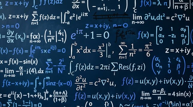 A detailed chalkboard filled with intricate mathematical equations, calculus, and scientific notation ideal for educational, scientific, or technical presentations.