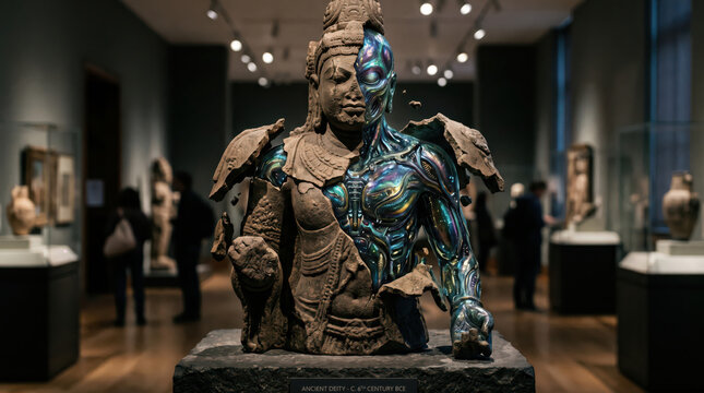 Ancient broken stone statue revealing futuristic iridescent metal cyborg.