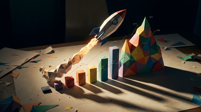 Origami rocket launching upwards graph showing business growth and success.