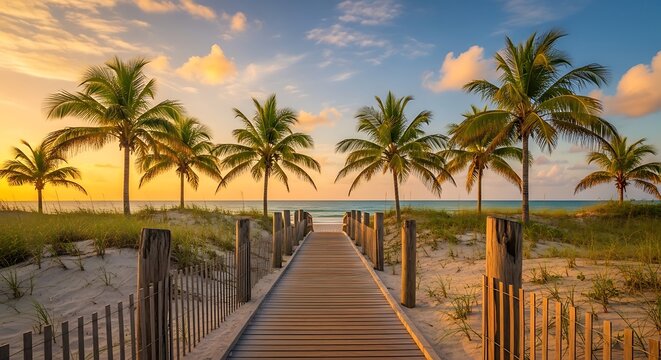 Tropical beach sunset a wooden boardwalk leads to paradise