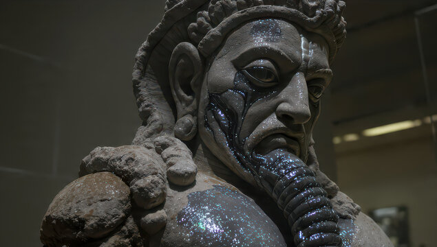 Surreal ancient stone statue with dark biomechanical tube from mouth.