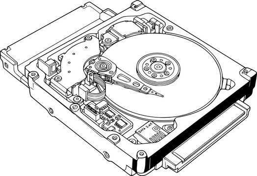 Black and white line drawing of a hard disk drive with a SATA connector and open casing isolated on white background
