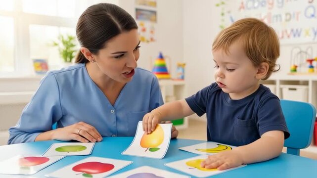 Early childhood teacher guiding toddler matching fruit flashcards at preschool learning table for cognitive development and playful early education