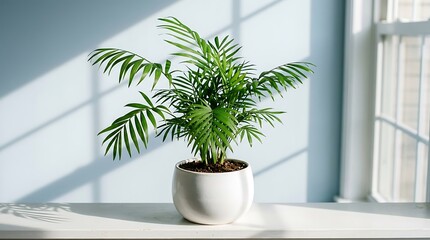 Fototapeta premium A sleek Dracaena Marginata plant in a modern white pot, bathed in soft natural light, perfect for home decor, interior design, and lifestyle marketing materials.